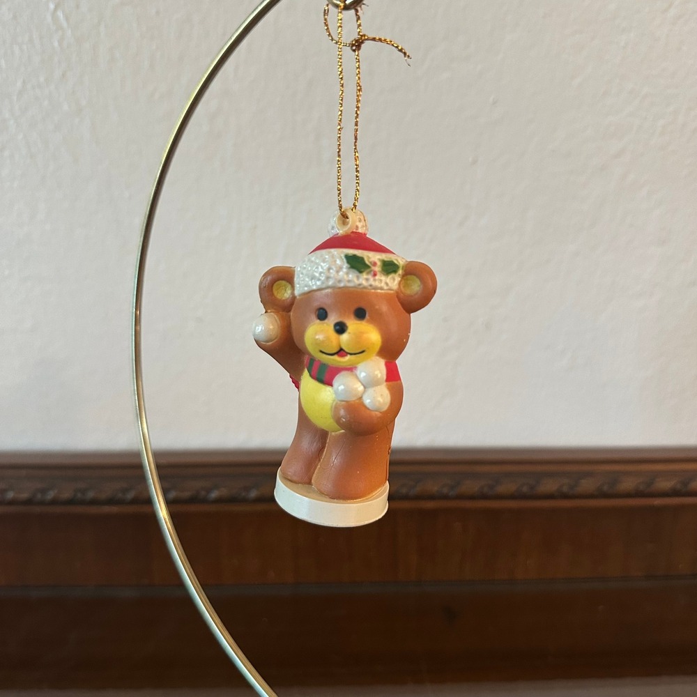 Vintage Christmas Teddy Bear Ornament Santa Hat Scarf Snowball Plastic Holiday